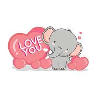 lindo elefante con corazones rosas para el día de san valentín. vector