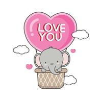 lindo elefante en globo aerostático. tarjeta del día de san valentín. vector