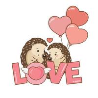 Cute couple hedgehog holding Love Balloon  for Valentine's Day. vector