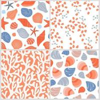 The set is a seamless pattern with marine ocean inhabitants, a collection of shells, corals, water with air bubbles. Sea abstract print. Vector graphics.