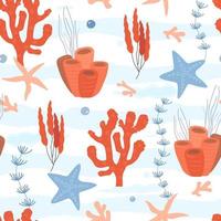 Seamless pattern with coral reef, seabed. Print with seaweed, stars, waves. Vector graphics.