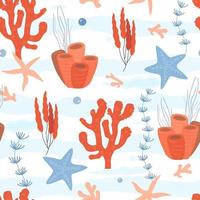 Seamless pattern with coral reef, seabed. Print with seaweed, stars, waves. Vector graphics.