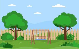House backyard with trees, bushes, lawn, flowers. Relax zone with swing. Vector illustration in flat style.
