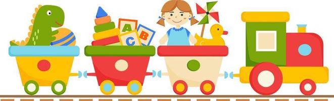 Kids train carries toys. Dino, doll, duck, ball, pyramid, cubs sit in waggons. Childrens railway. Vector illustration isolated on white background.