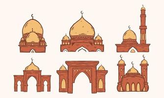 conjunto de mezquita islámica. gráfico vectorial de ilustración. mezquita de concepto de diseño con estilo de boceto dibujado a mano vector