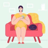 A cute pregnant woman is sitting on the sofa, resting, relaxing and holding a mug of tea. Cat is sleeping next to her.Concept of happy pregnancy, self-care, expecting baby.Flat vector illustration