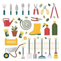 A set of garden tools.Rake, shovel, wheelbarrow, watering can, hose, drawer, etc.Isolated vector objects on a white background.Flat illustration