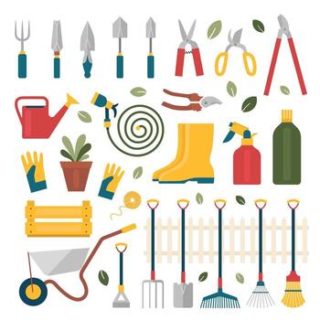 A set of garden tools.Rake, shovel, wheelbarrow, watering can, hose, drawer, etc.Isolated vector objects on a white background.Flat illustration