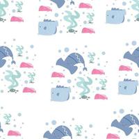 Seamless pattern with marine life illustration in cartoon style vector