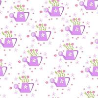 Watering can seamless pattern with flower vector in girly cartoon style