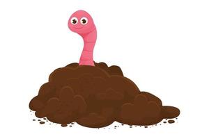 Funny earthworm in ground, soil in cartoon style isolated on white background. Comic, cheerful character. Gardening concept. vector