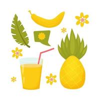 Set of naive, simple banana, pineapple, cocktail with leaves, flowers and bubble with sun in scandinavian style isolated on white background in yellow and green color. Vector illustration