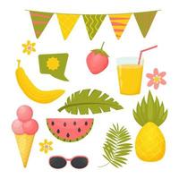 hola conjunto de verano, colección de objetos aislados en fondo blanco en dibujos animados, estilo escandinavo. frutas de plátano, piña, fresa y sandía. bocadillo de diálogo, hojas de palma y gafas de sol vector