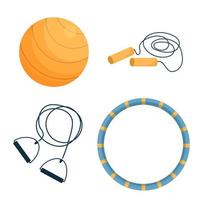 Set workout, training objects fitness ball, expander, skipping rope and hula hoop isolated on white background. Equipment for wellness and healthy lifestyle. Vector illustration