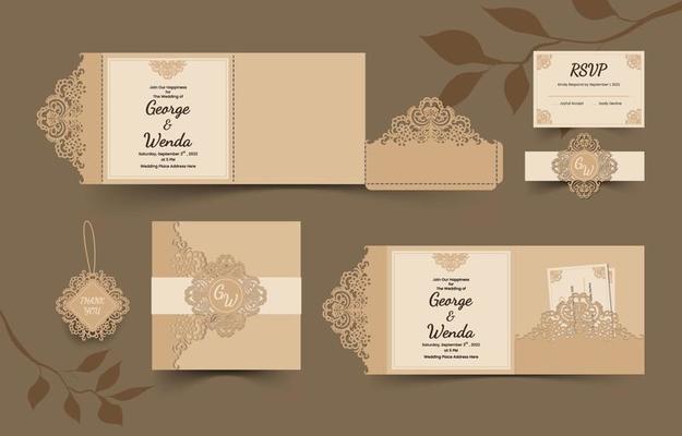 Set of Wedding Invitation With Papercut Flower  Ornament