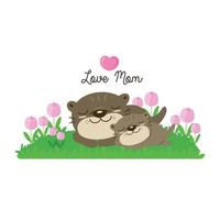 Cute Otters for Mother's Day. Otters mom and baby sleep on flower field. vector