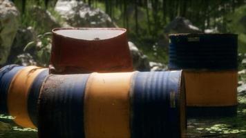 Rusty barrels in green forest photo