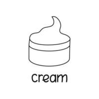 The icon is a linear cream with text. Contour symbol for cosmetics, design website. Vector isolated illustration.