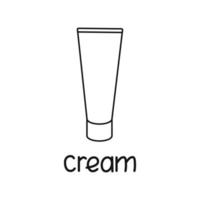 Icon is a linear tube of cream with text. Contour symbol for cosmetics, website design. Vector isolated illustration.