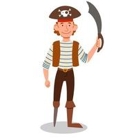 a pirate character in a suit, wearing a hat, without a leg and with a sword in his hand. vector