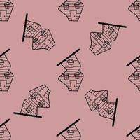 Seamless vector pattern of contour houses in doodle style on pink background.