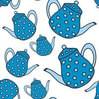 Vector seamless pattern of blue teapots in the style of doodles. Kitchen assistants.