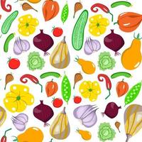 Seamless pattern with vegetables in a cartoon style. Vector texture. Flat icons pepper, cabbage, cucumber, pea, tomato. Vegetarian healthy food.