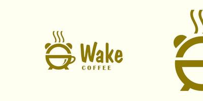 Alarm clock and cup of coffee logo design with business card template. vector