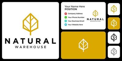 Warehouse and leaf logo design with business card template. vector