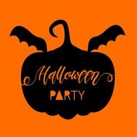 Black silhouette of a pumpkin with lettering on an orange background for halloween vector
