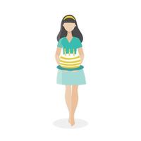 Young brunette with a birthday cake.Housewife cooks.Good mood, energy, happiness.Preparing for the party.Flat vector isolated illustration on a white background