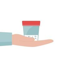 A man's hand holds a container of sperm.Jar for analysis.Concept of sperm donation and infertility testing.Flat vector illustration on a white background