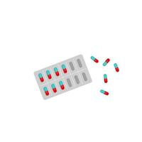 A blister of pills.Medications, medications, vitamins, aspirin, painkillers.Vitamins and dietary supplements.Treat disease.Flat vector illustration on a white background