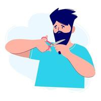Man in a bright t-shirt cuts his beard with scissors vector