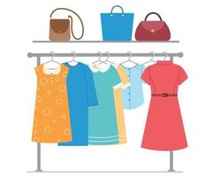 Rack with women's clothes and a shelf with bags. vector