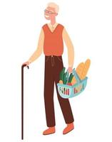 Flat vector illustration isolated on white background. Grandfather buying groceries in shop.