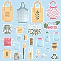 Collection of colorful stickers. Various eco objects. Go green, eco style, no plastic, zero waste. vector