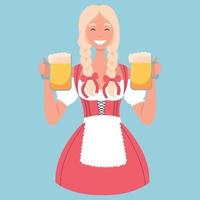 Woman pub waitress in German traditional costume with Oktoberfest beer mugs. Oktoberfest girl in Bavarian dirndl. vector