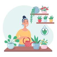 Young woman watering houseplants from a watering can in a cozy home atmosphere. Vector illustration on a white background.