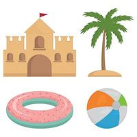 Set of sand castle, palm tree, swimming circle and inflatable ball for playing, color vector illustration