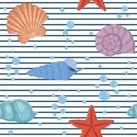 A pattern of seashells of different colors on a white striped background vector