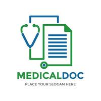 plantilla de logotipo de vector de documento médico. este diseño utiliza hoja y símbolo de estetoscopio. adecuado para la salud.