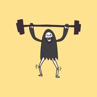 Grim Reaper Skull lifting barbell, illustration for t-shirt, poster, sticker, or apparel merchandise. With retro cartoon style. vector