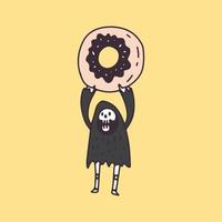 cráneo y donut retro de la parca, ilustración para camisetas, afiches, pegatinas o prendas de vestir. con estilo de dibujos animados. vector