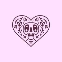 flores de calavera y corazón, ilustración para camisetas, afiches, pegatinas o prendas de vestir. con estilo hipster. vector