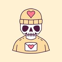Hype skull in beanie hat with love letter, illustration for t-shirt, poster, sticker, or apparel merchandise. With cartoon style.