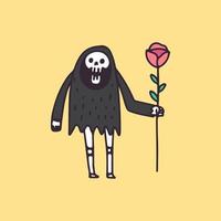 linda calavera parca sosteniendo rosas, ilustración para camisetas, afiches, pegatinas o prendas de vestir. con estilo de dibujos animados retro. vector