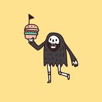 Grim Reaper Skull with burger, illustration for t-shirt, poster, sticker, or apparel merchandise. With retro cartoon style. vector