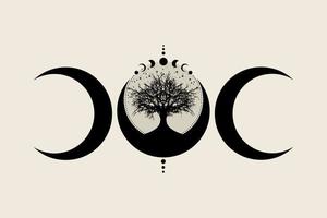 Sacred tree and crescent moon. Hand drawn Mystical Moon Phases, tree of life, Sacred geometry. Wicca banner old sign, energy circle, boho style vector isolated on vintage background