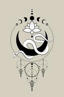 White Snake on Crescent Moon and Lotus Flower, Sacred geometry. Moon Phases, black half moon pagan Wiccan goddess symbol, wicca sign, energy circle, boho style, vector isolated on vintage background